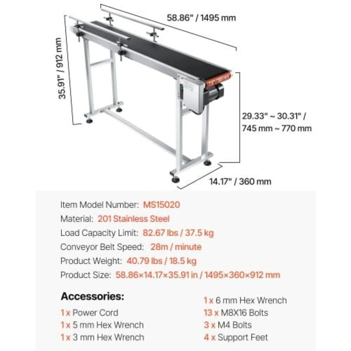 Belt Conveyor, 59 x 7.8 inch Conveyor Table, Heavy - Image 3