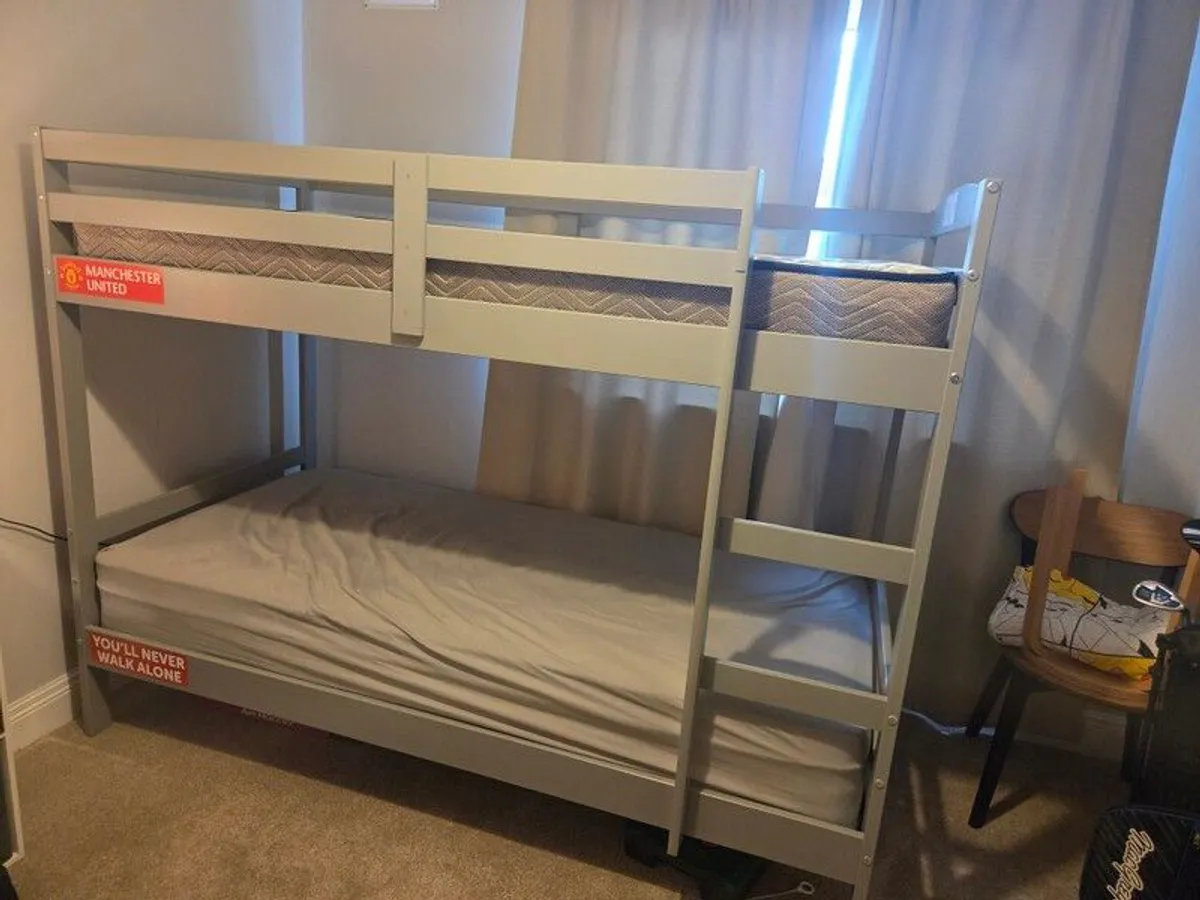 Grey Wooden Bunk Bed for Sale - Two Mattresses Included - Image 1