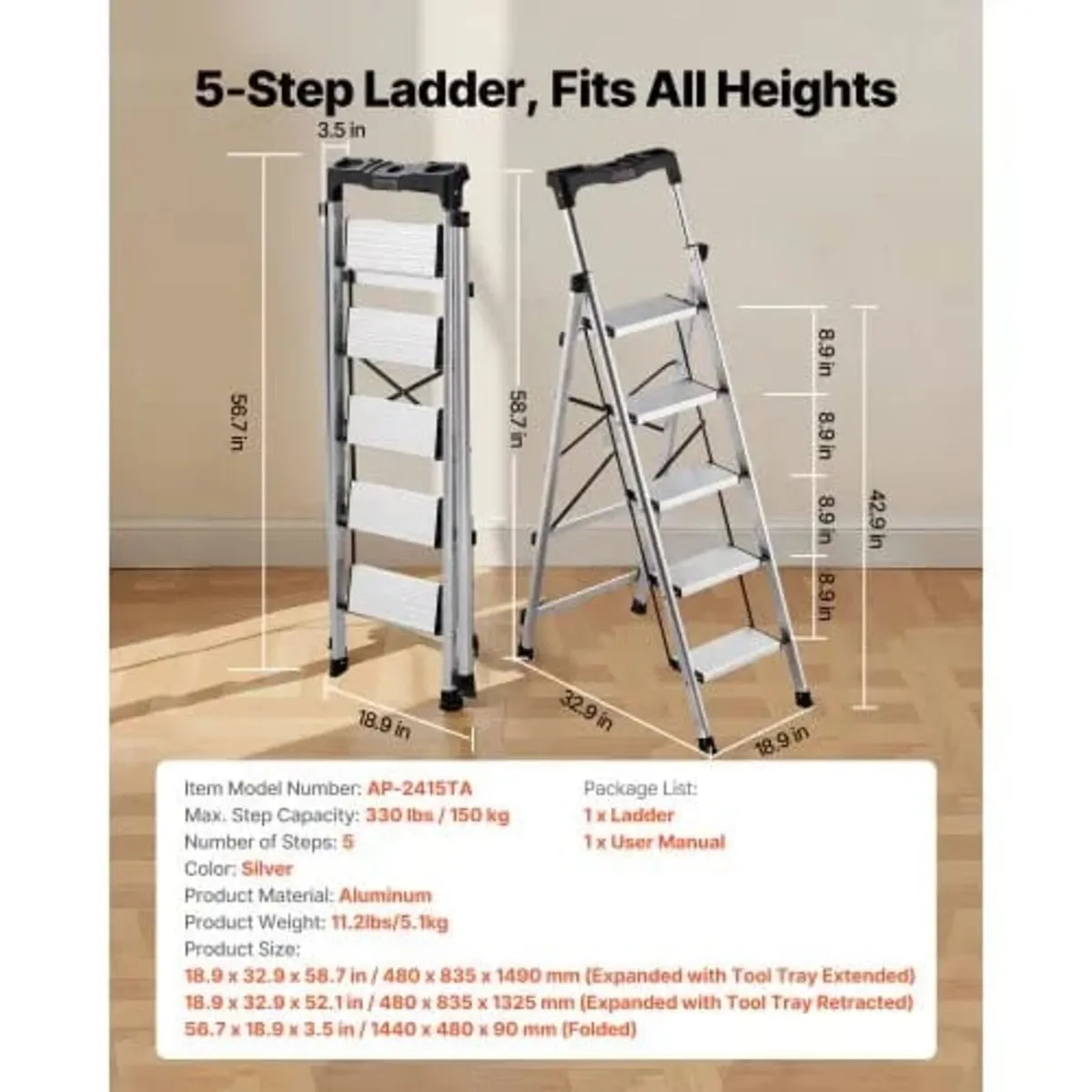 5 Step Ladder, Folding Step Stool with Wide Anti-S - Image 2