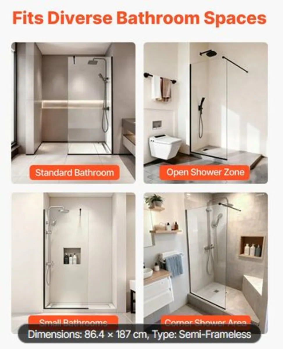 Fixed Glass Shower Panel,864 x1870 mm Semi-Framed - Image 3