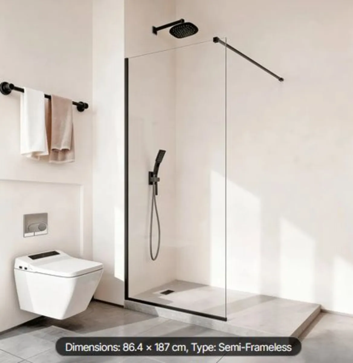 Fixed Glass Shower Panel,864 x1870 mm Semi-Framed - Image 1