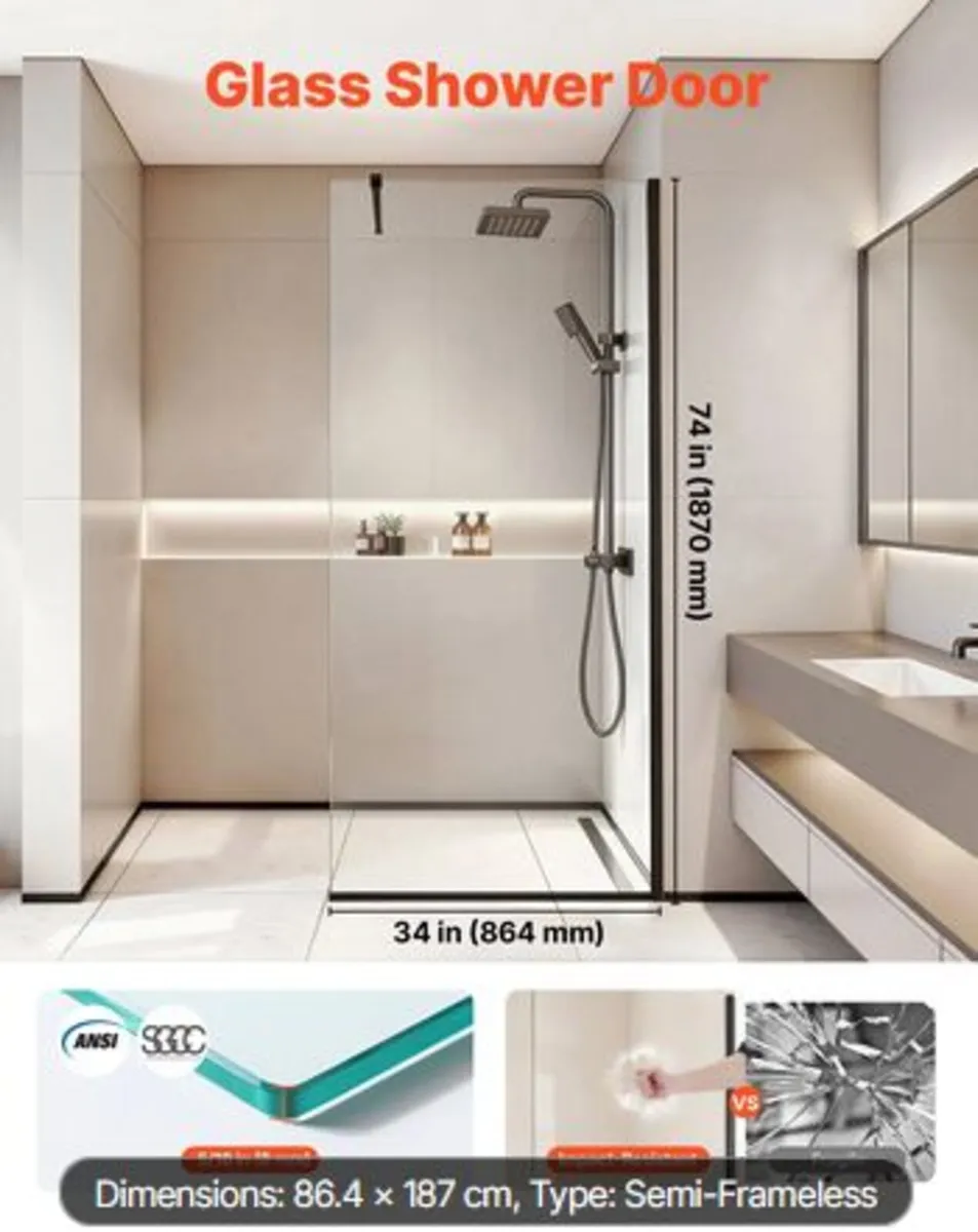 Fixed Glass Shower Panel,864 x1870 mm Semi-Framed - Image 2