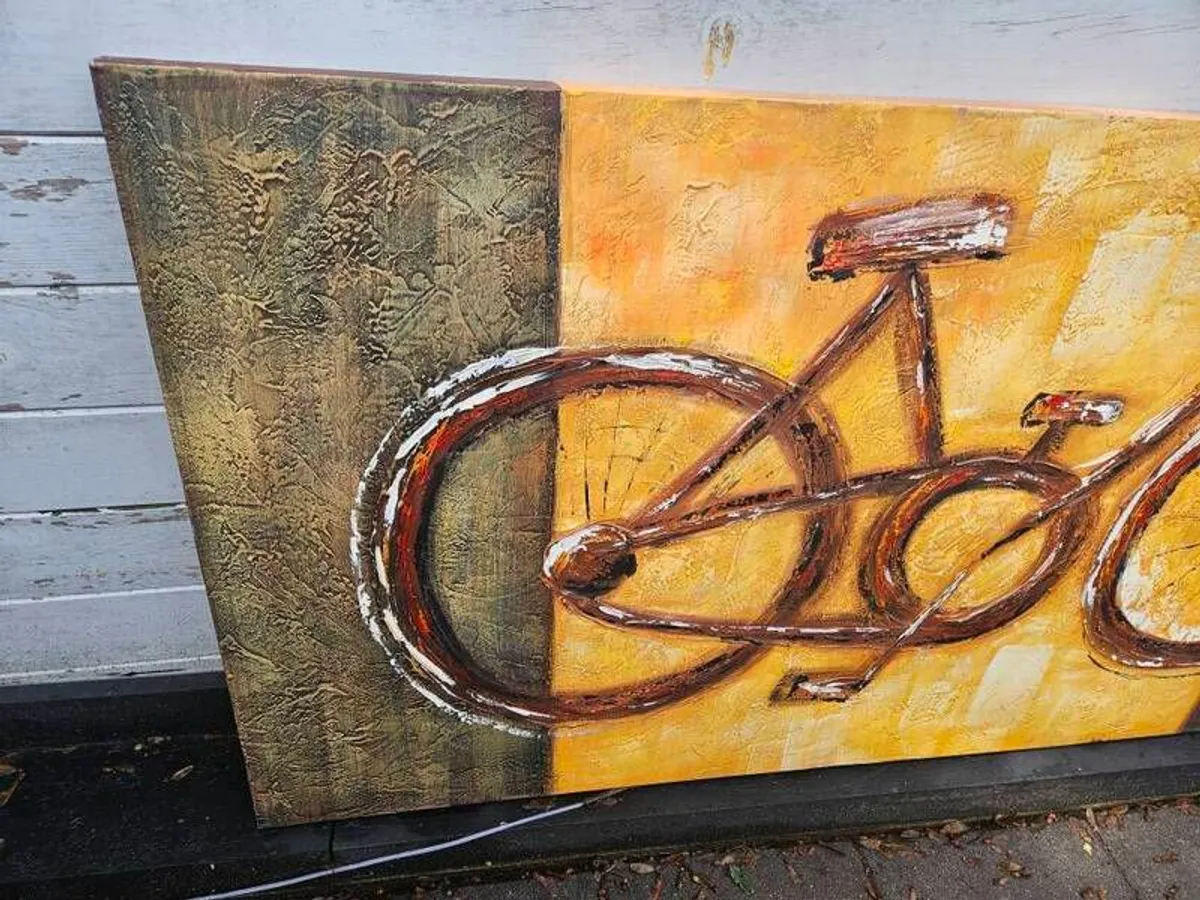 Large Original Textured Bicycle Canvas Painting by Heinemann - Image 4