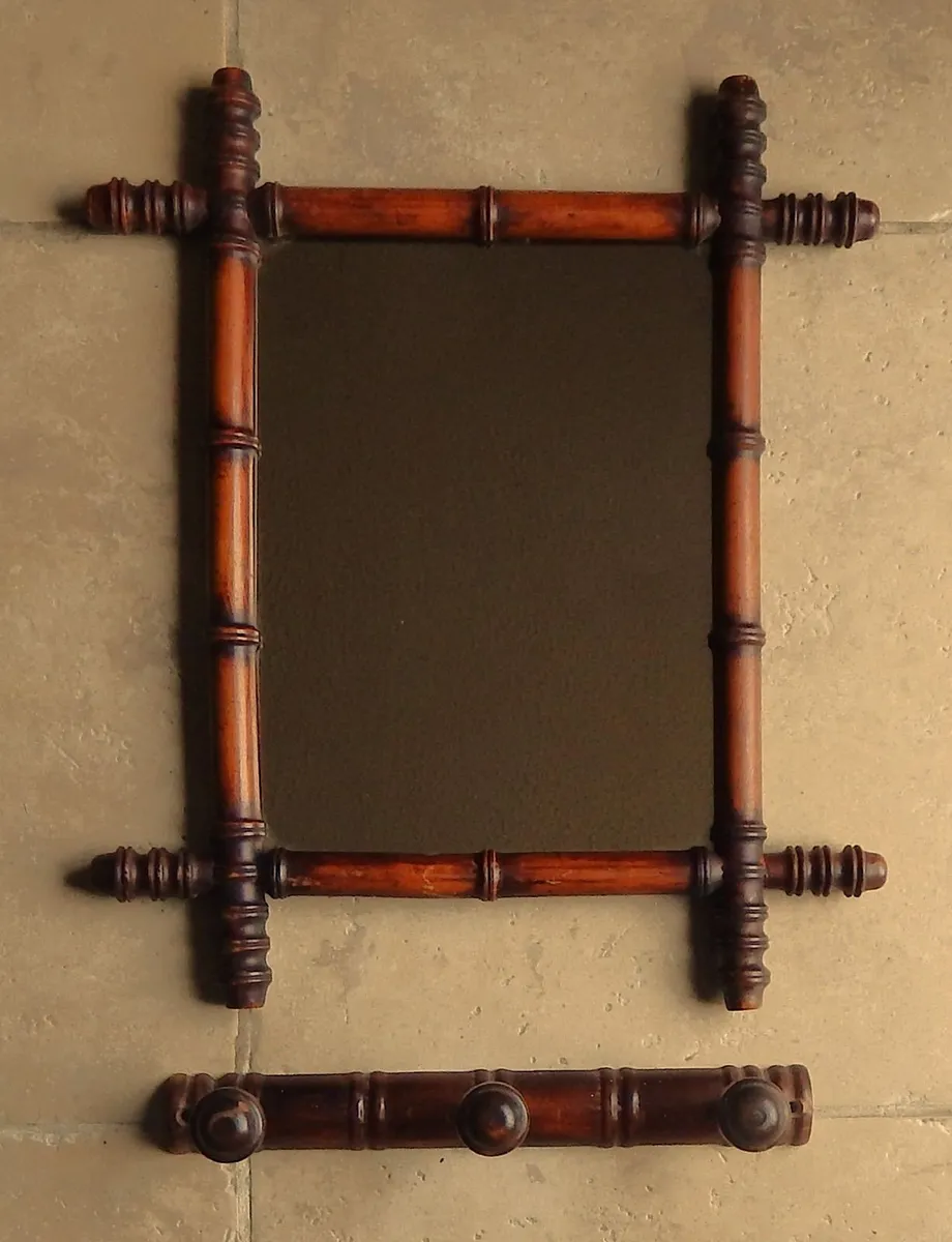 Vintage Wooden Faux Bamboo Mirror & Coat/Hat Rack - Image 1