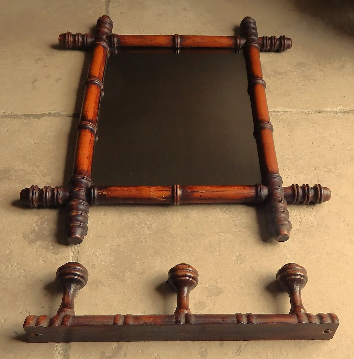 Vintage Wooden Faux Bamboo Mirror & Coat/Hat Rack - Image 4