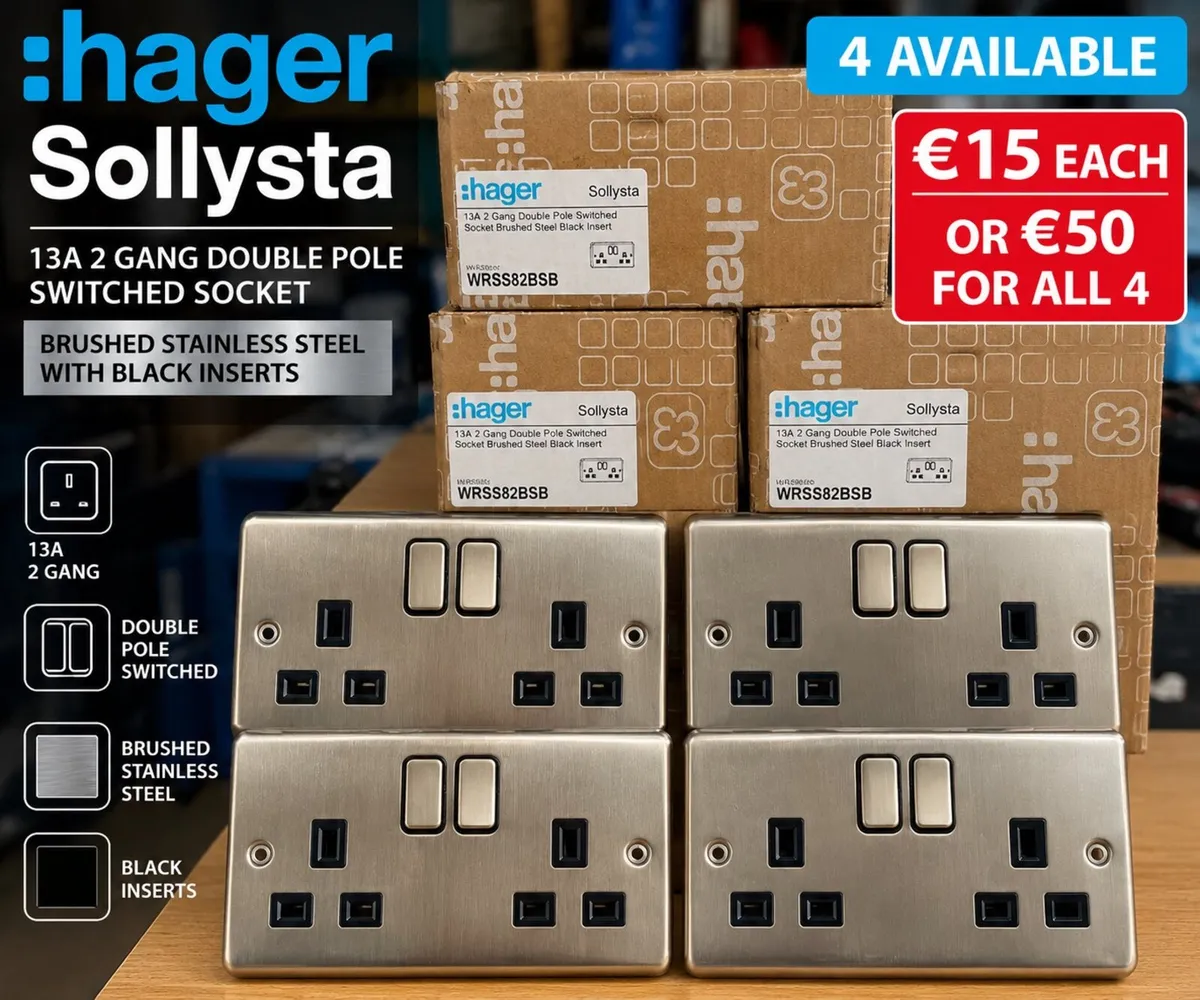 4 x Hager Brushed Steel Double Sockets – New - Image 1