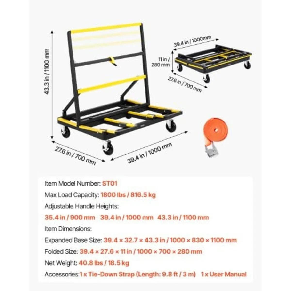 Drywall Cart Dolly, 816 kg Load Capacity, Steel Pa - Image 3