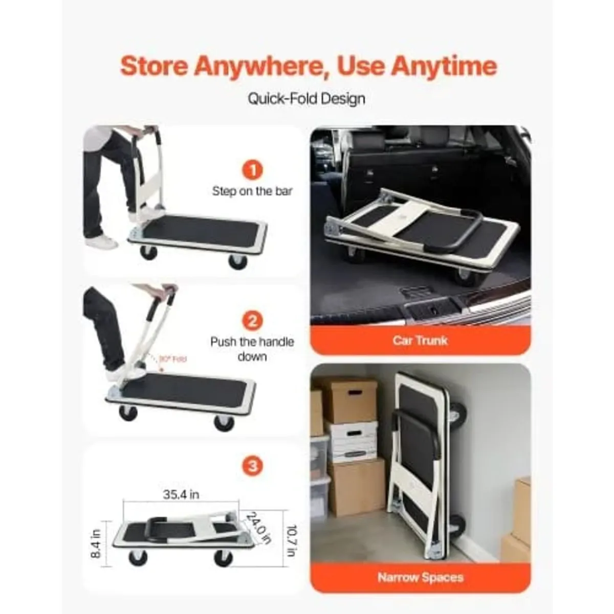 Foldable Push Cart Dolly, 660 lbs Load Capacity, F - Image 4