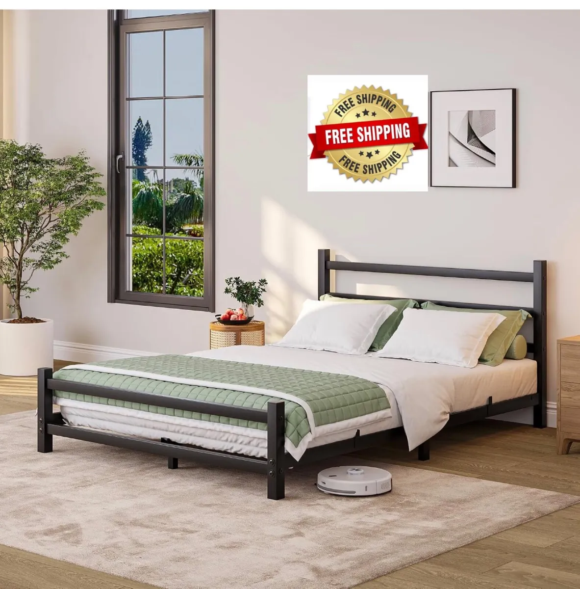 Double Bed Frame With Headboard,4ft6 Floor Bed Fra - Image 1