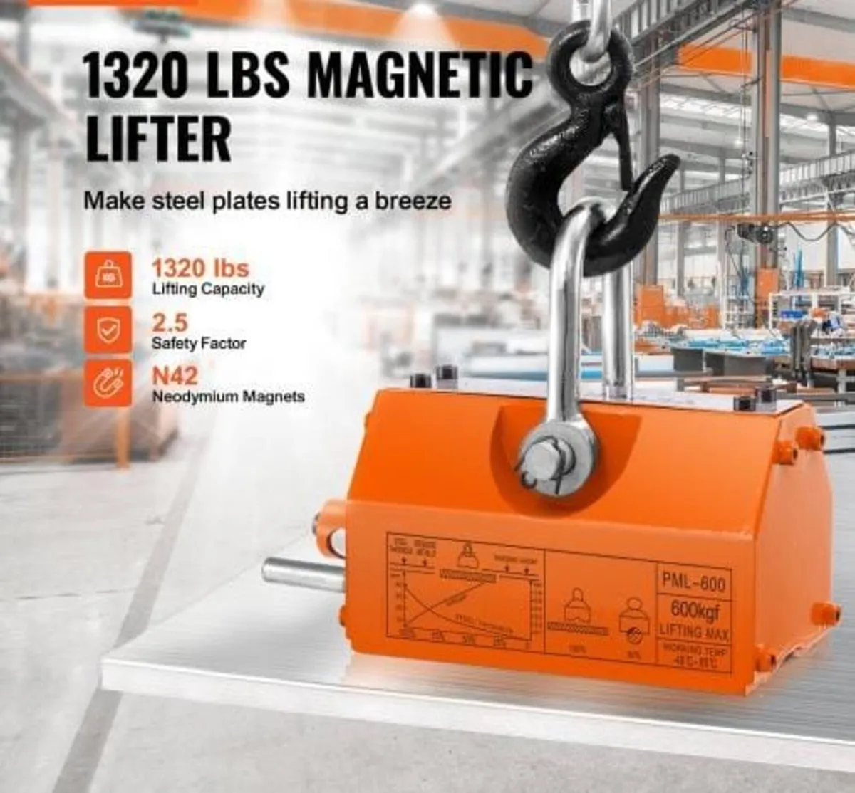 Magnetic Lifter, 1320 lbs/600kg Pulling Capacity, - Image 2