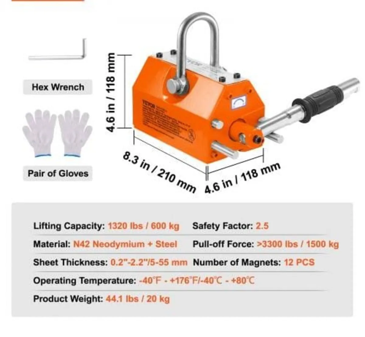 Magnetic Lifter, 1320 lbs/600kg Pulling Capacity, - Image 4