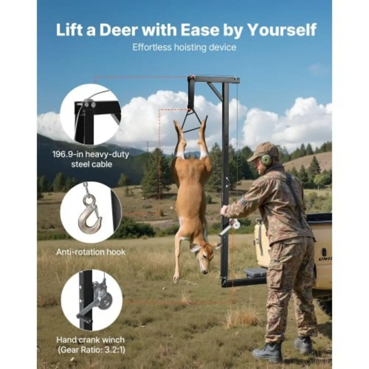 Truck Hitch Game Hoist, 600 lbs Load Capacity, Hun - Image 4