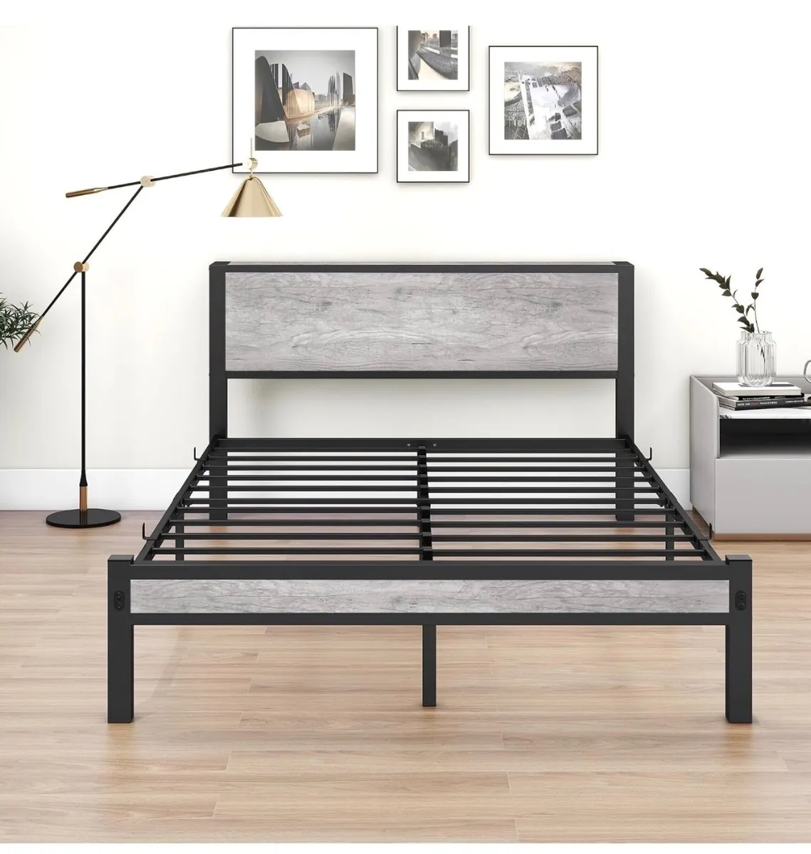 King Size Bed Frame with Storage Wooden Headboard - Image 2