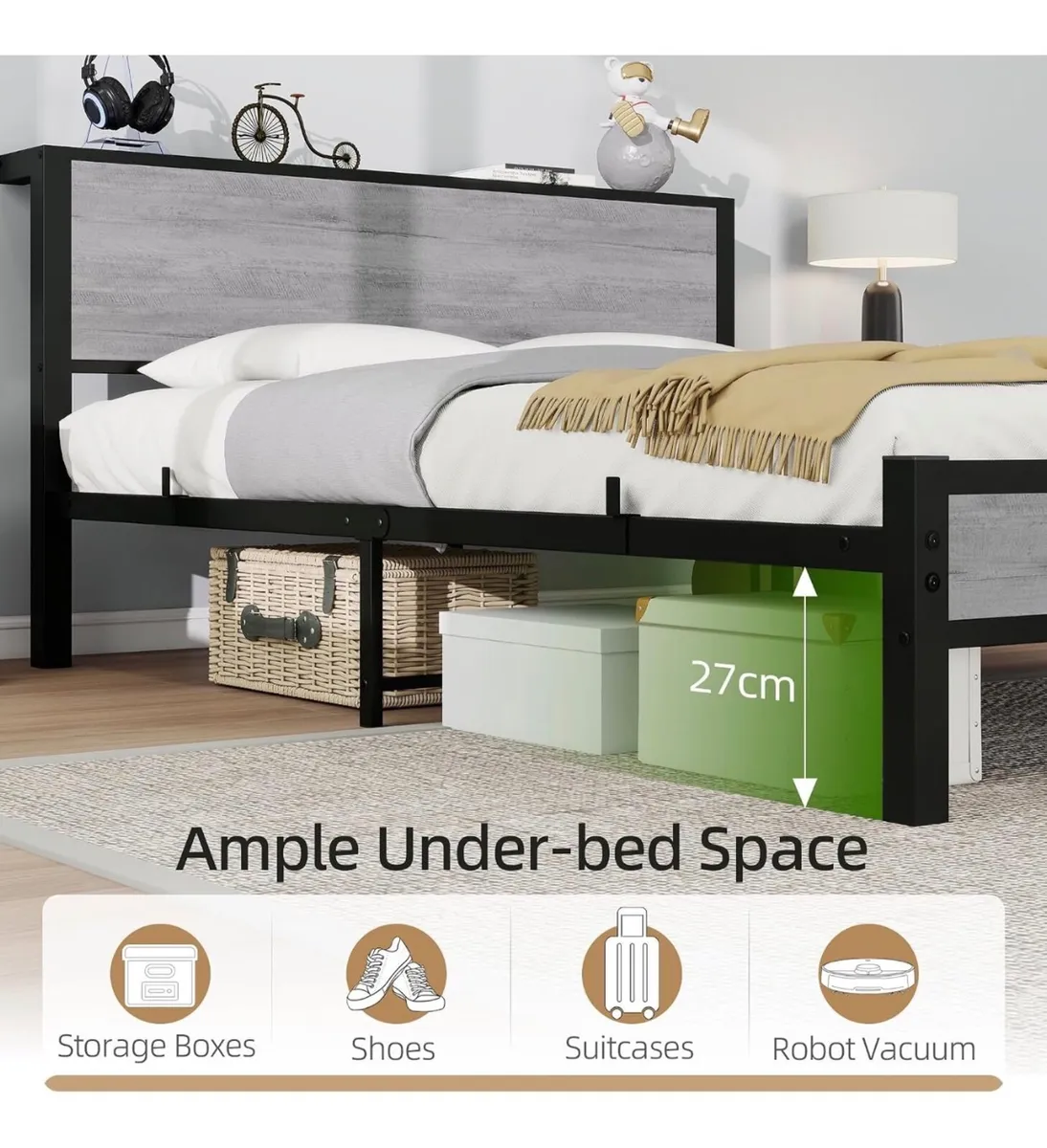 King Size Bed Frame with Storage Wooden Headboard - Image 3