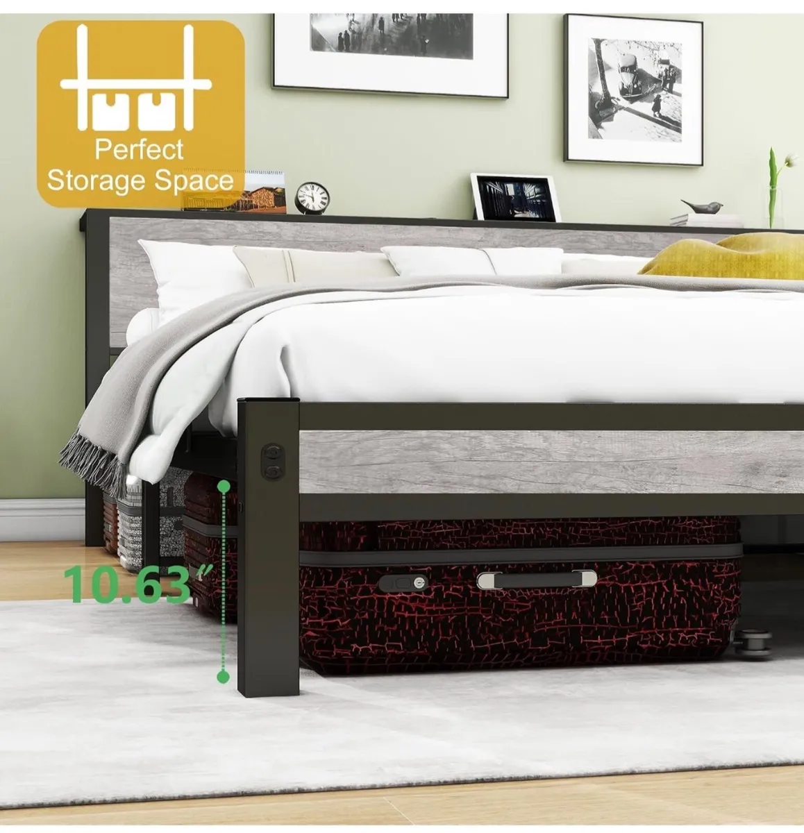 King Size Bed Frame with Storage Wooden Headboard - Image 4