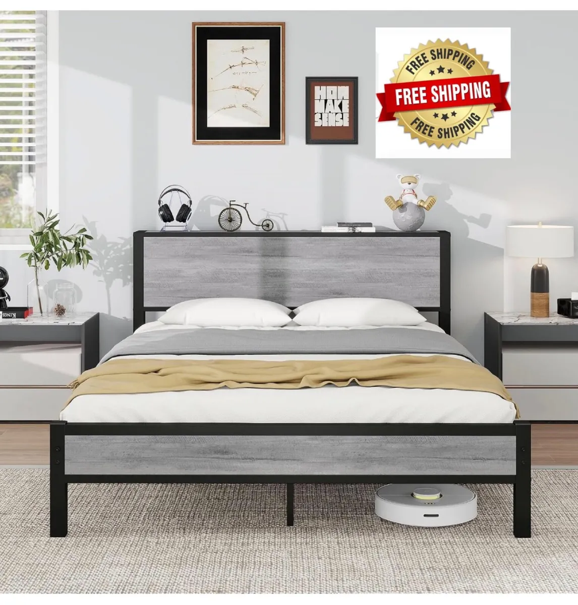 King Size Bed Frame with Storage Wooden Headboard - Image 1