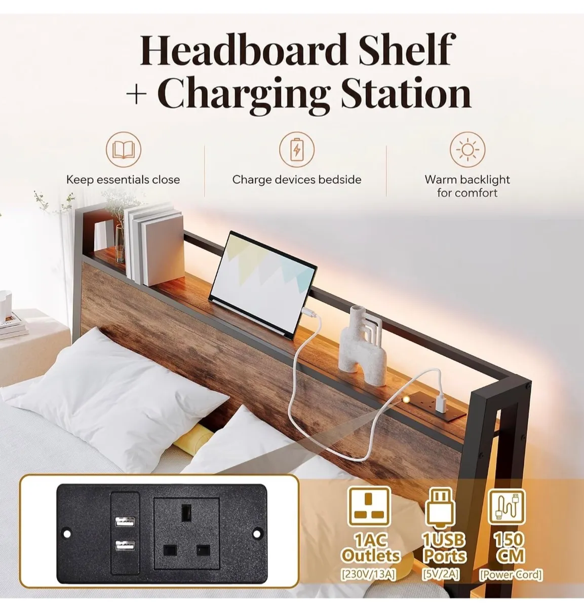 King Size Bed Frame with Ergonomic Storage Headboa - Image 4