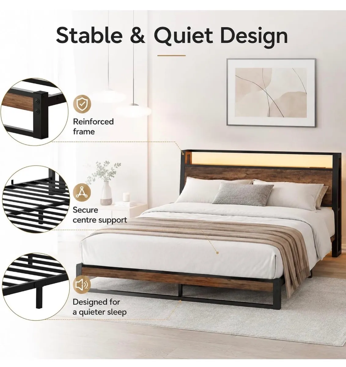 King Size Bed Frame with Ergonomic Storage Headboa - Image 3