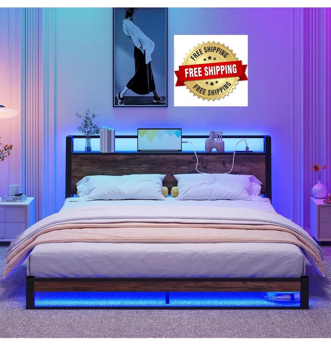 King Size Bed Frame with Ergonomic Storage Headboa - Image 1