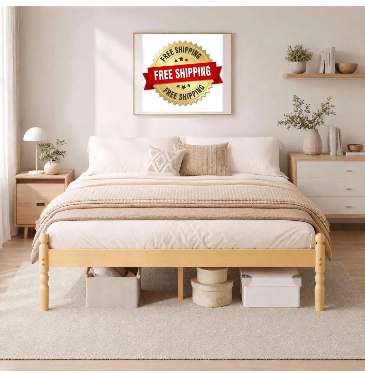 King Bed Frame 14-inch Natural Bamboo Wood Platfor - Image 1