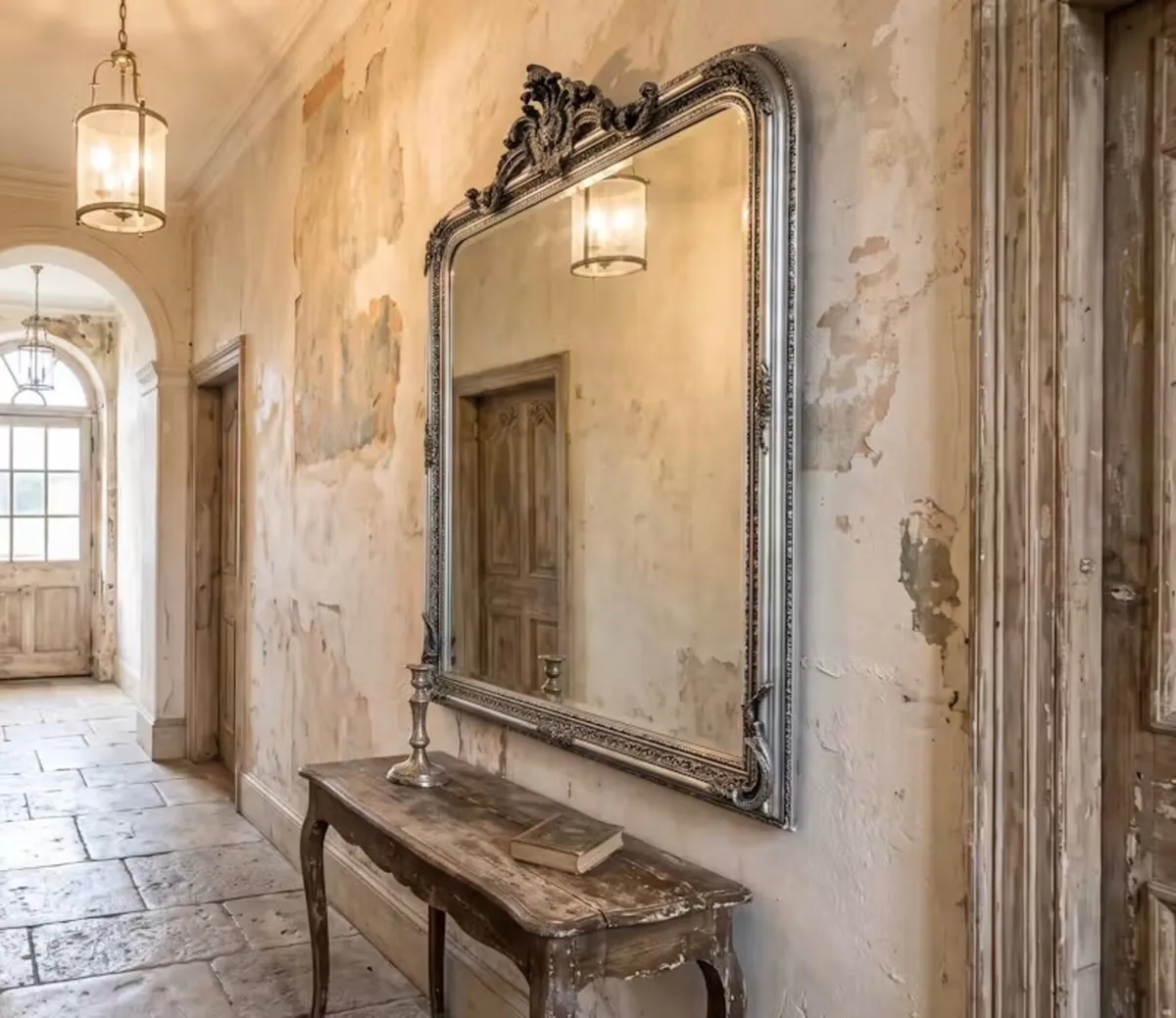 Large slightly distressed silver leaf mirror - Image 1
