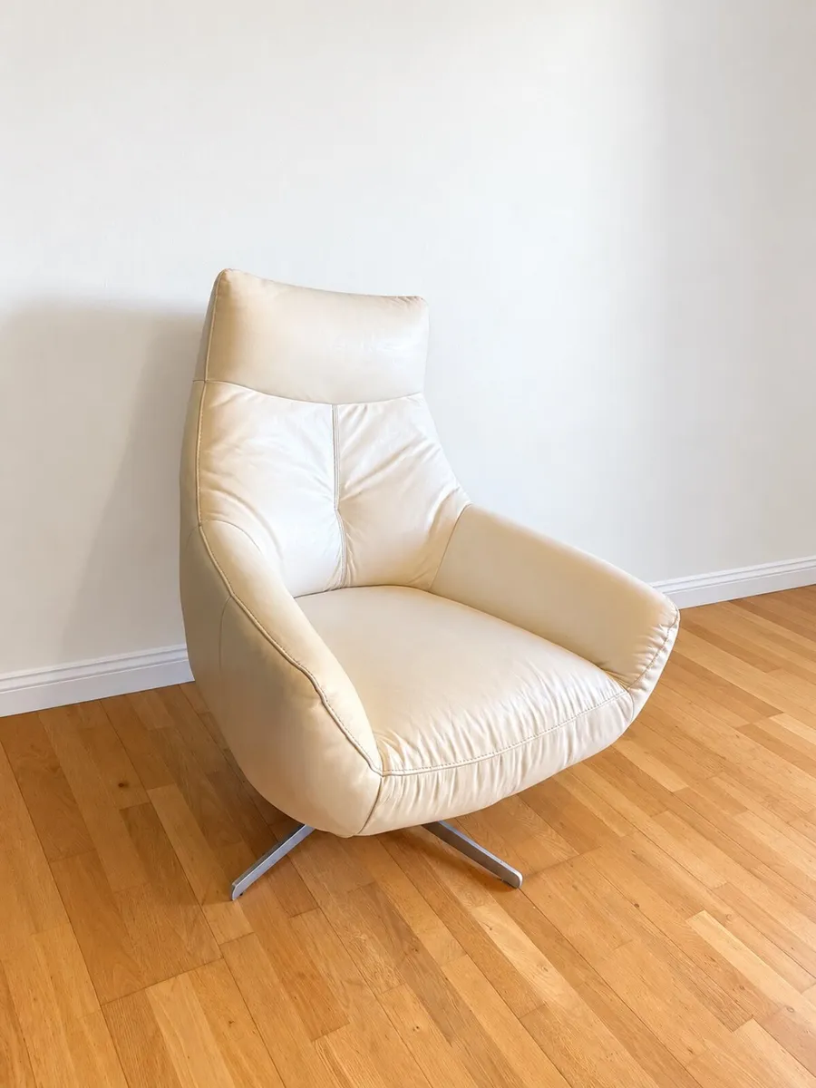 Comfortable Cream Leather Swivel Lounge Chair - Image 2