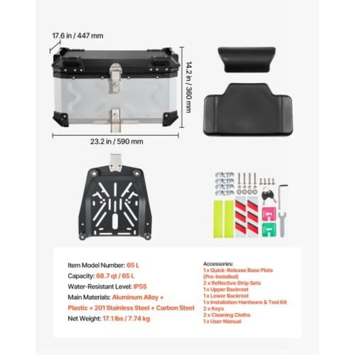 Motorcycle Top Case, 65L Universal Aluminum Hard M - Image 4