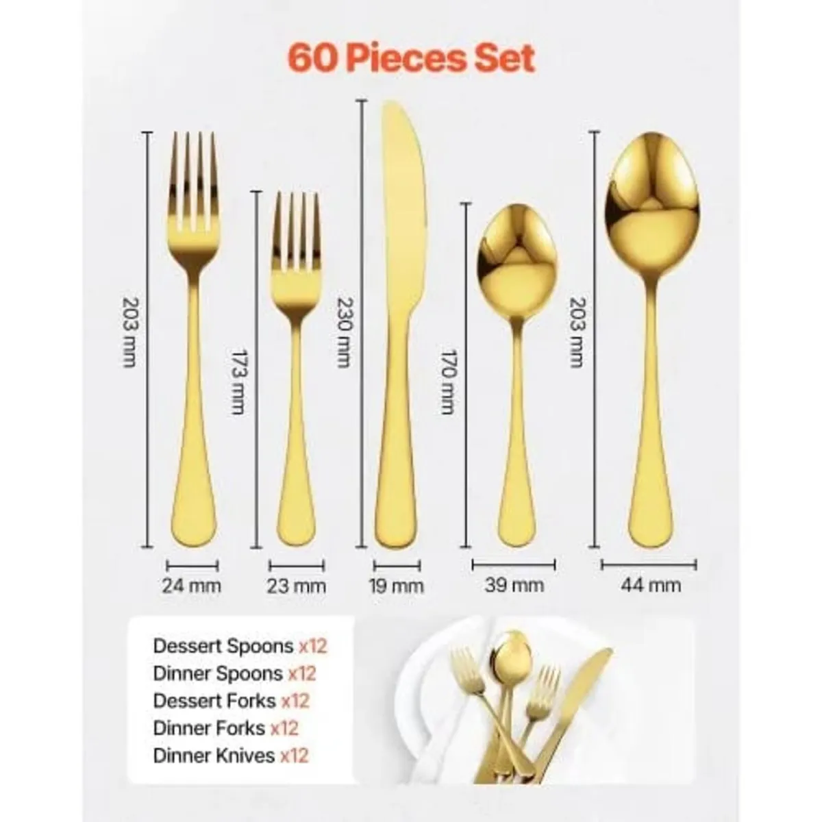 60-Piece Gold Silverware Set, Food-Grade Stainless - Image 3