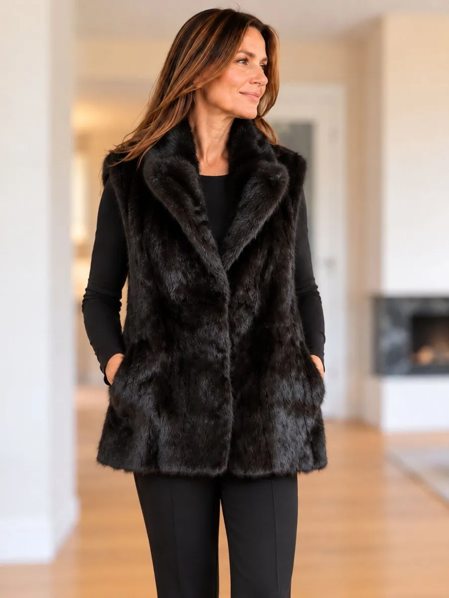 Genuine Black Mink Fur Gilet – Three-Quart Length - Image 1