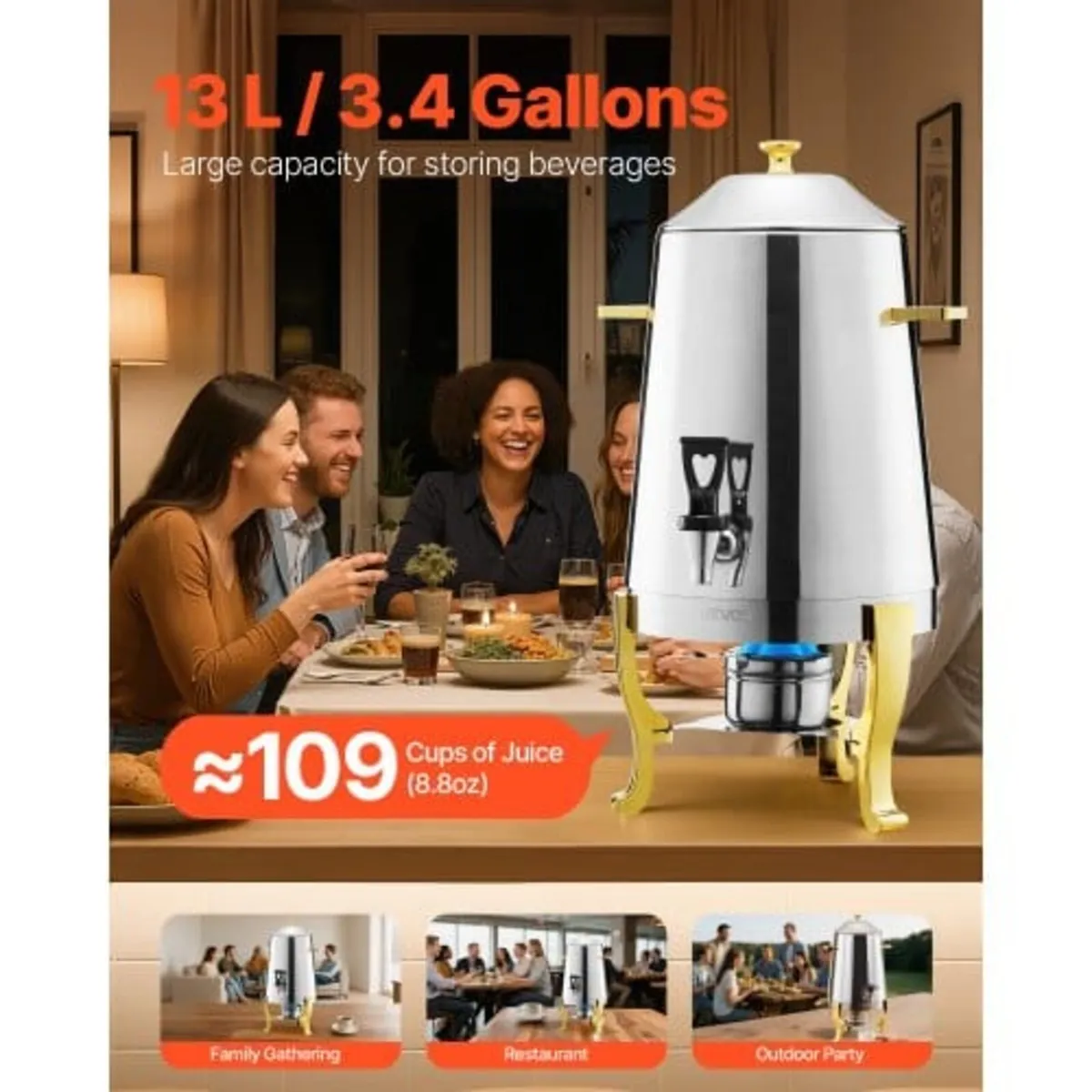 Stainless Steel Beverage Dispenser, 13L Drink Disp - Image 3