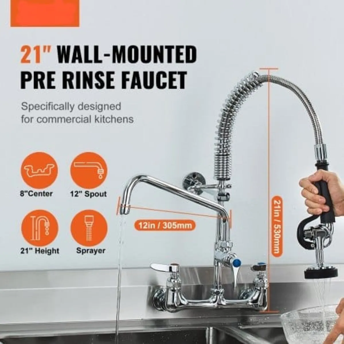 Commercial Faucet with Pre-Rinse Sprayer, 21" Heig - Image 2