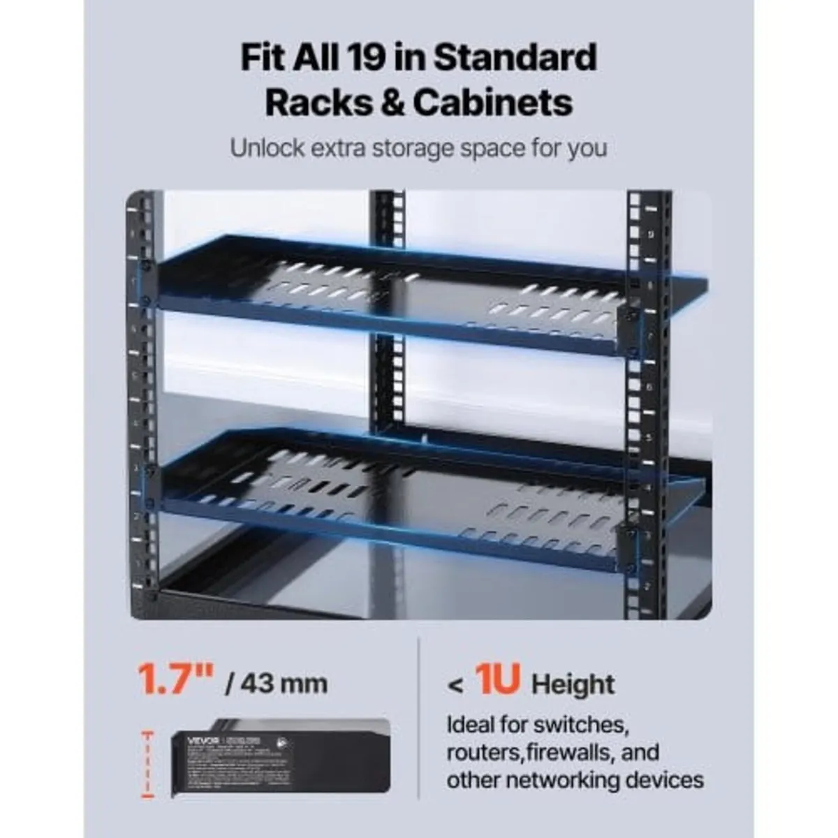 1U Server Rack Shelf, 4 PCS, 22.68 kg Max Load-Bea - Image 2