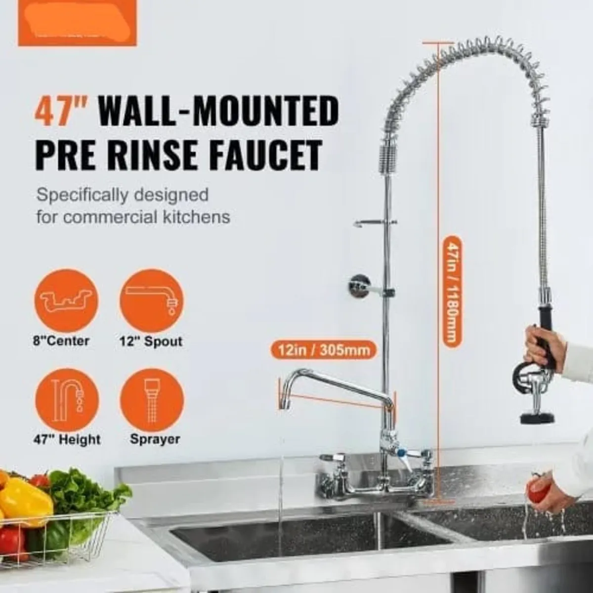 Commercial Faucet with Pre-Rinse Sprayer, 47" Heig - Image 2