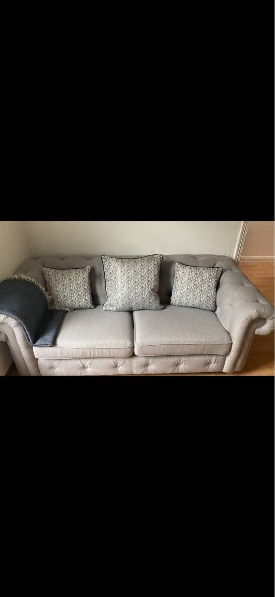 Grey Chesterfield Couch & Chairs - Image 1