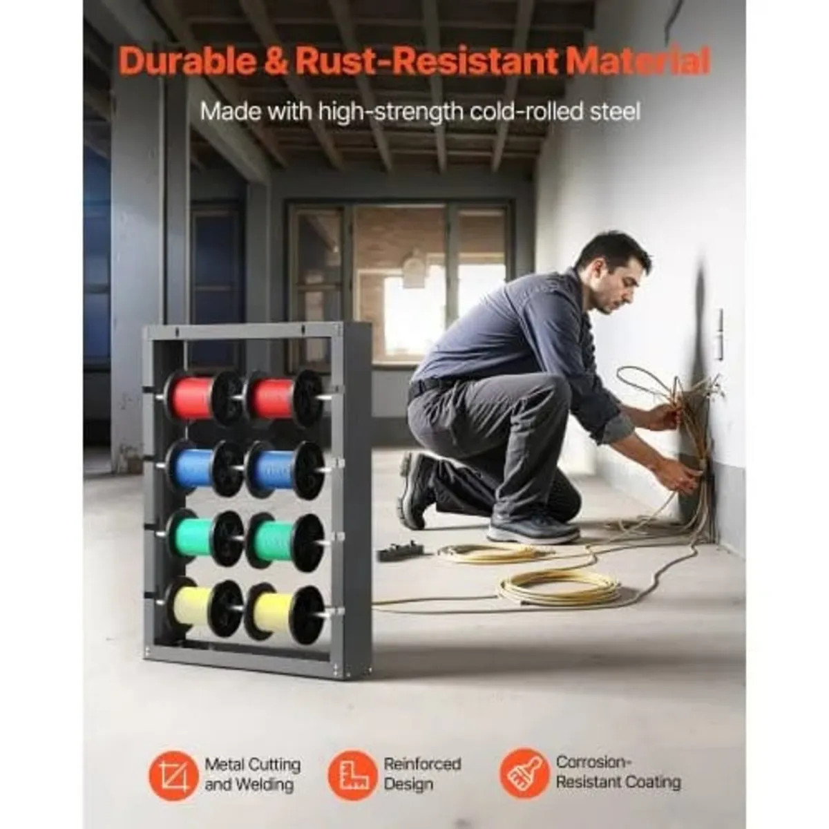 Wire Spool Rack, 4 Adjustable Rods, Cold-Rolled St - Image 3