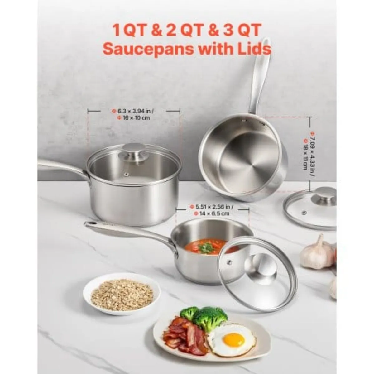 Stainless Steel Saucepan Set, 1 QT & 2 QT & 3 QT S - Image 4