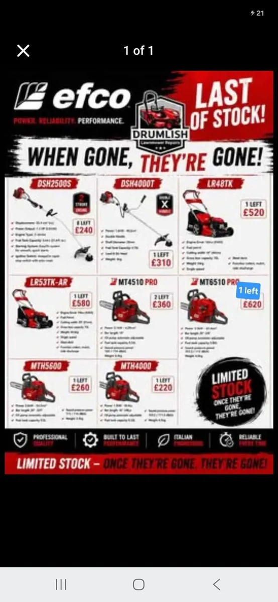Efco chainsaws, lawnmowers, strimmers