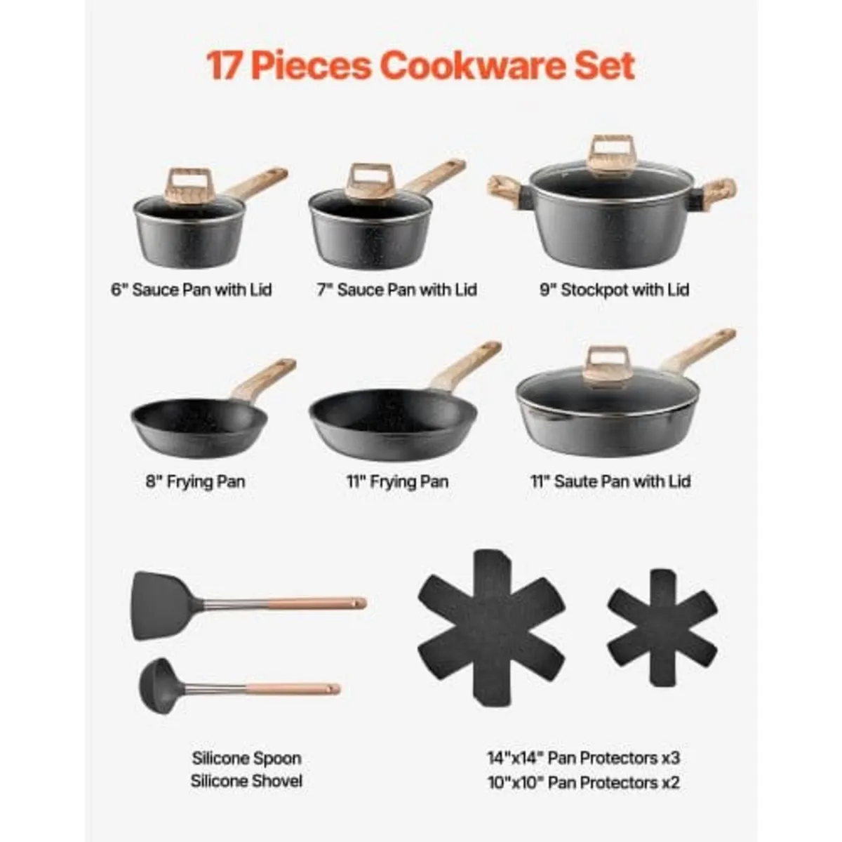 17 Piece Pots and Pans Set Nonstick, Granite Cookw - Image 3