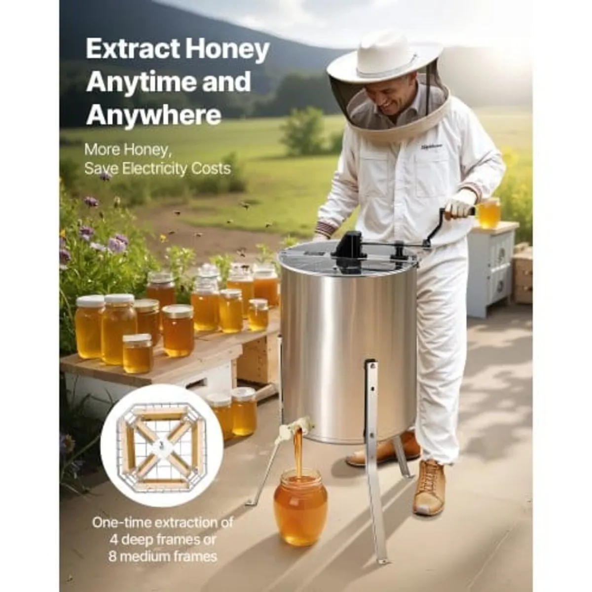 Honey Extractor, 4/8 Frame Manual Honey Spinner wi - Image 2