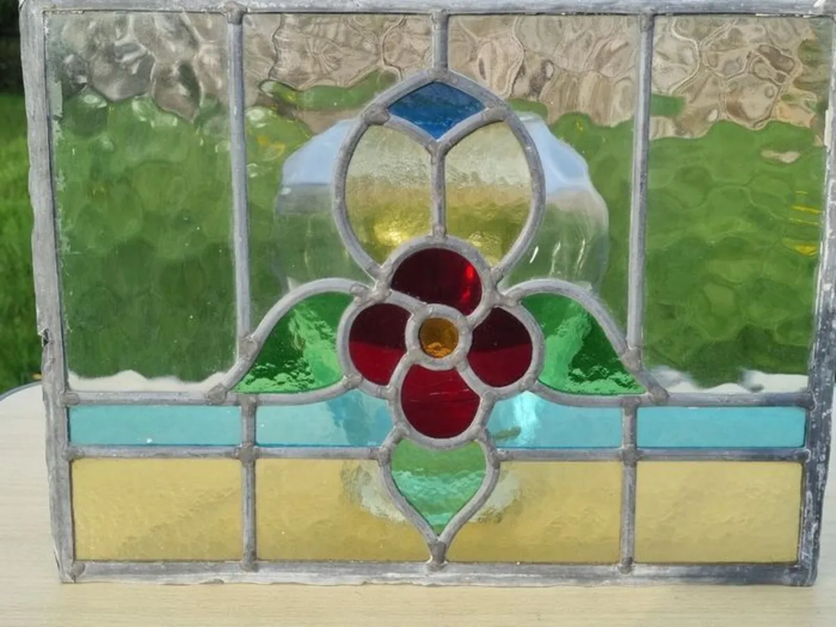 Antique leaded stained-glass panel in Art Nouveau - Image 1