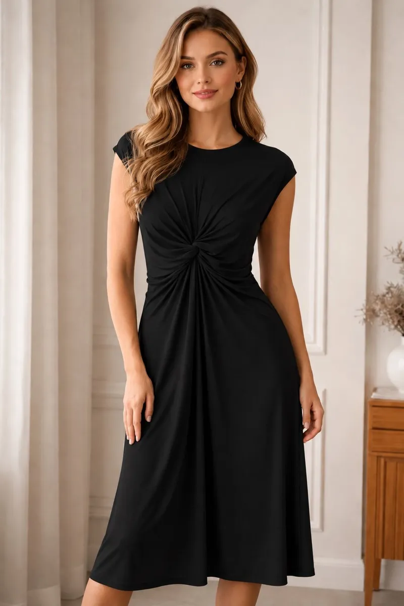NEW The Edit Black Twist-Knot Ruched Midi Dress: M