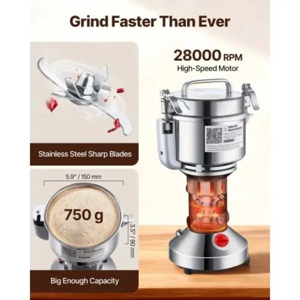 750g Electric Grain Mill Grinder, High Speed 2000W - Image 3