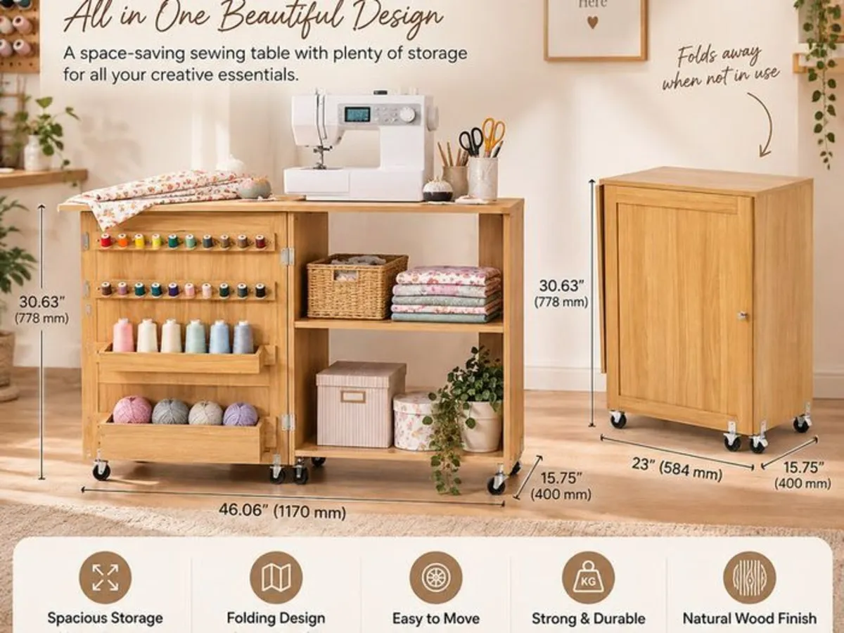 Folding Sewing Machine Table with Storage, 20 Thre - Image 2