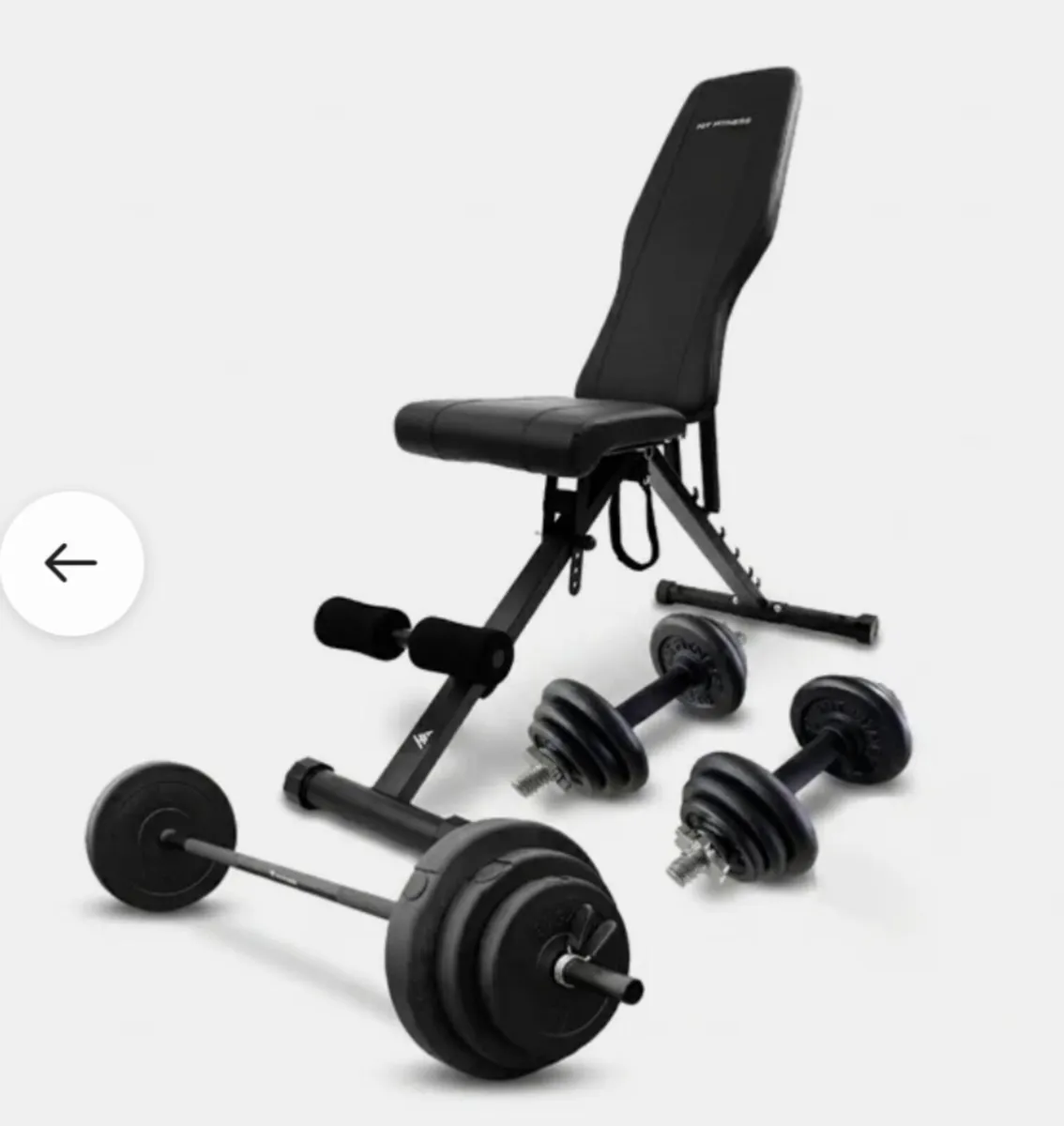 Gym bench, dumbbells and barbell