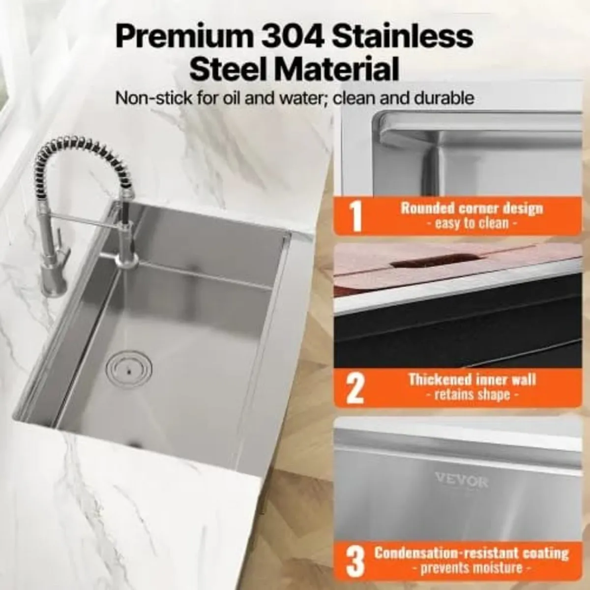 Farmhouse Kitchen Sink, 304 Stainless Steel Drop-I - Image 4