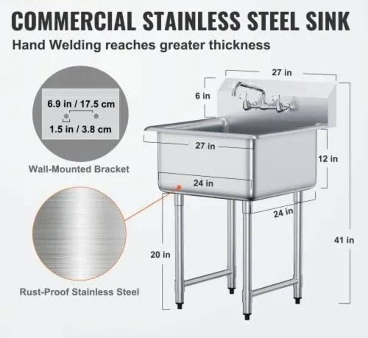 Commercial Hand Sink with Faucet and Side Splash, - Image 3