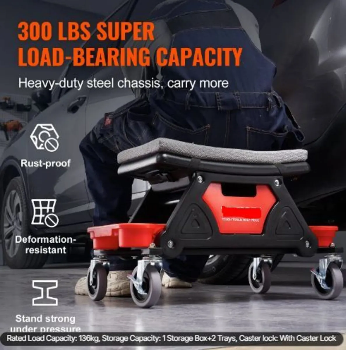 Mechanics Stool, 136.1kg Capacity Rolling - Image 3