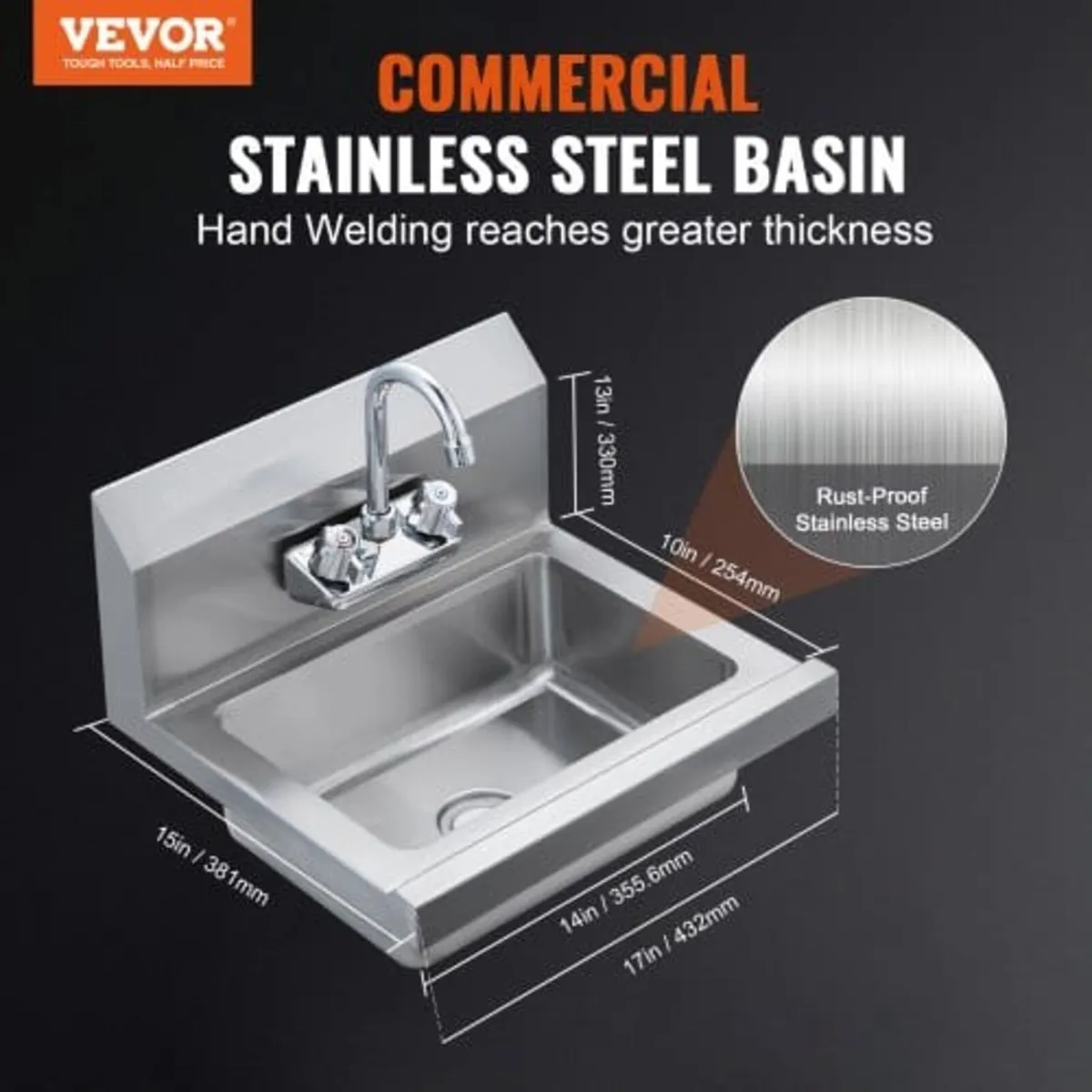 Commercial Hand Sink with Faucet, Stainless Steel - Image 3