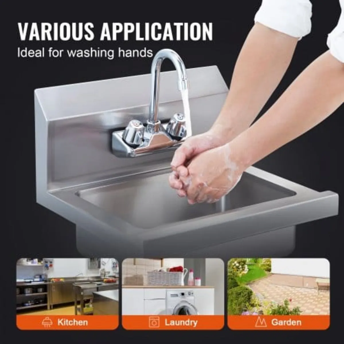 Commercial Hand Sink with Faucet, Stainless Steel - Image 4