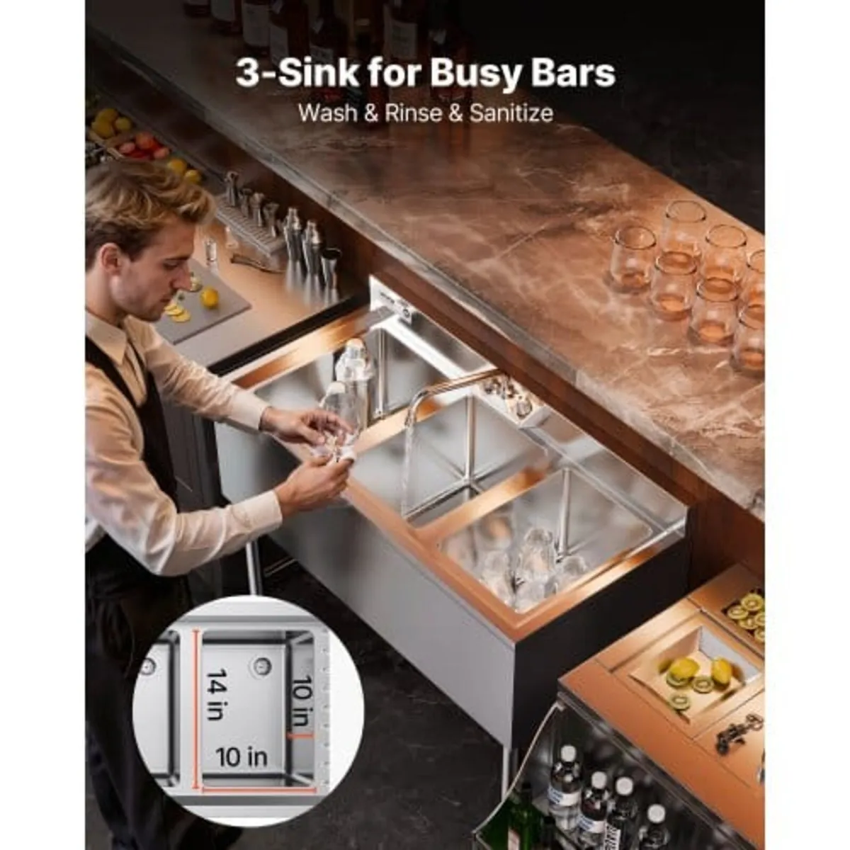 3 Compartment Sink, 18-Gauge 304 Stainless Steel, - Image 4